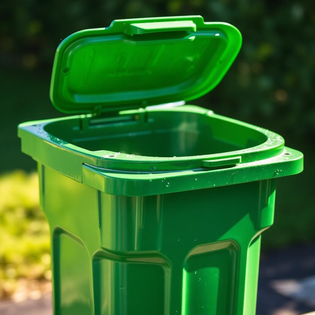 Freshly cleaned green wheelie bin with water droplets and a clean interior