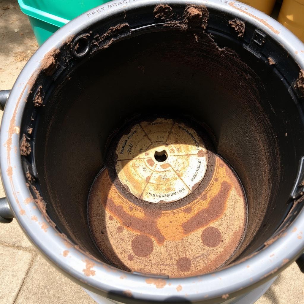 Dirty wheelie bin interior with built-up residue before cleaning