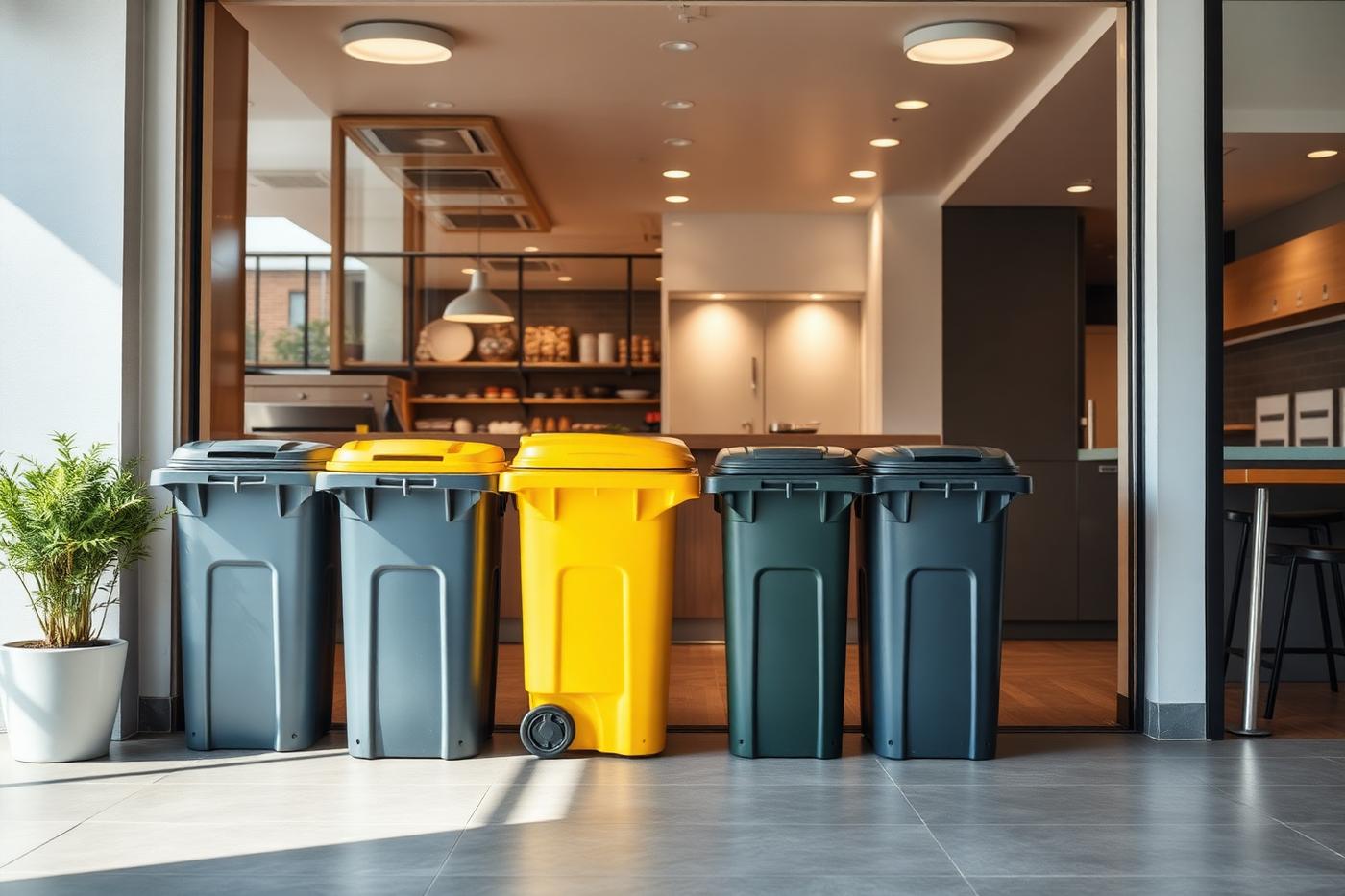 Clean commercial waste bins at a modern restaurant entrance