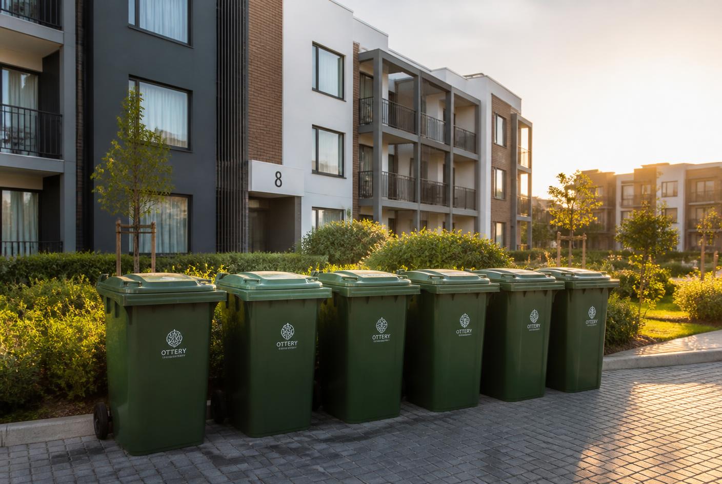 Row of clean communal wheelie bins outside a modern residential complex