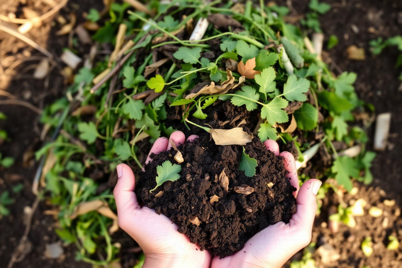 Garden green waste and rich compost soil held in two hands
