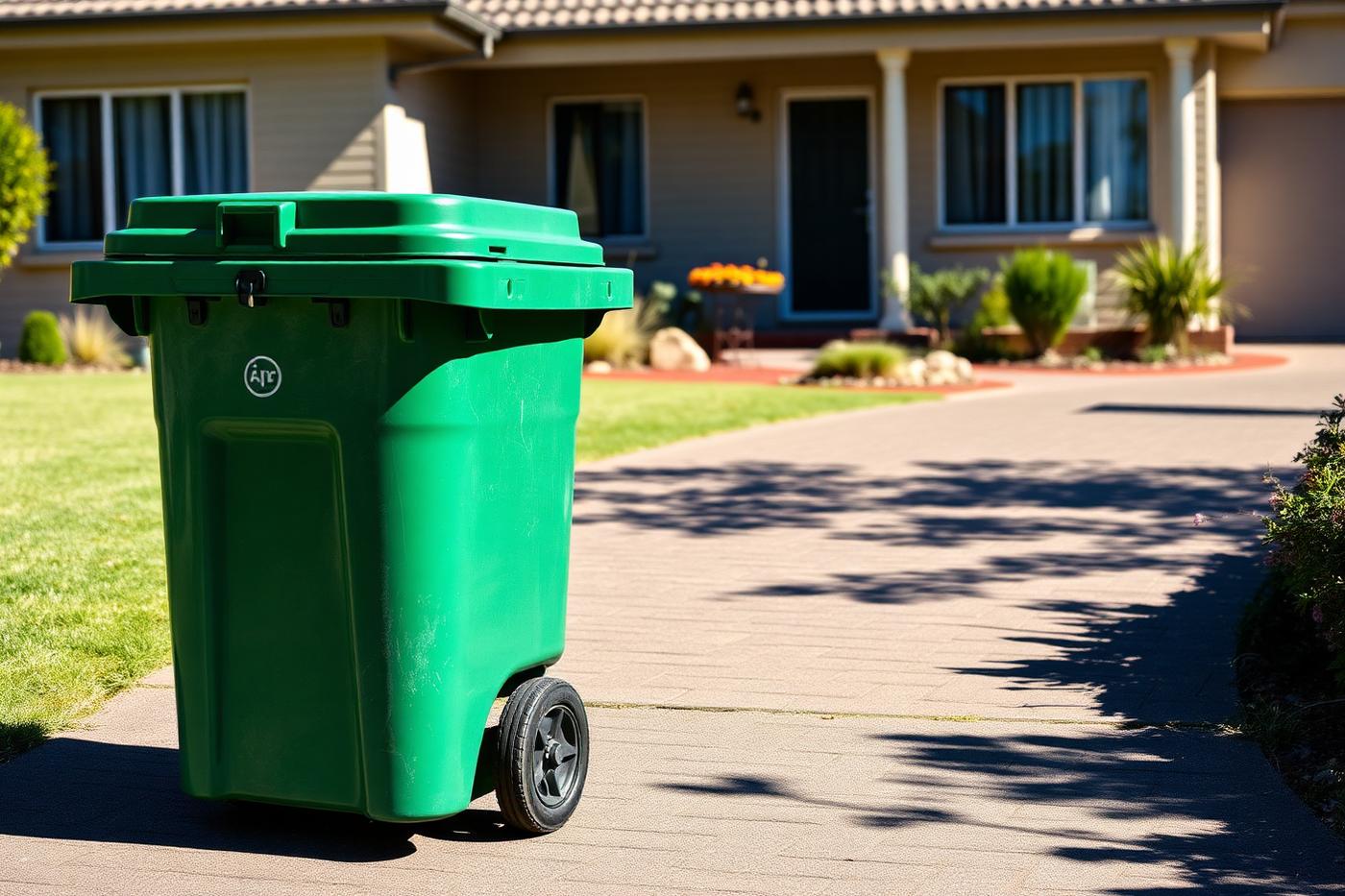 Freshly cleaned green wheelie bin on a suburban driveway