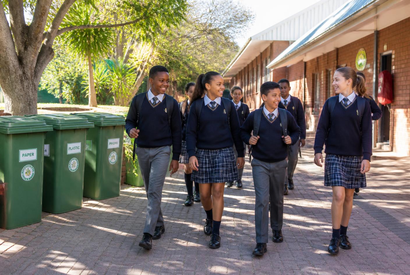 South African schoolchildren walking past clean green bins at school